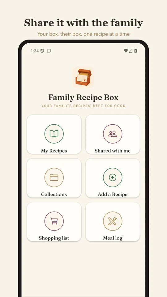 Family Recipe Box home screen with tiles for My Recipes, Collections, Add a Recipe, Shopping list and Meal log.